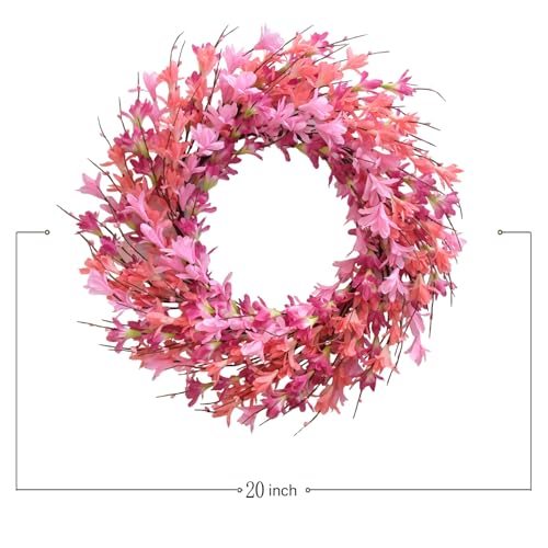 22inch Artificial Forsythia Flower Wreath Spring Summer Fall Wreath Silk Leaves for Front Door Decoration Porch Farmhouse Patio Garden Home Decor (Pink) - color: Pink
