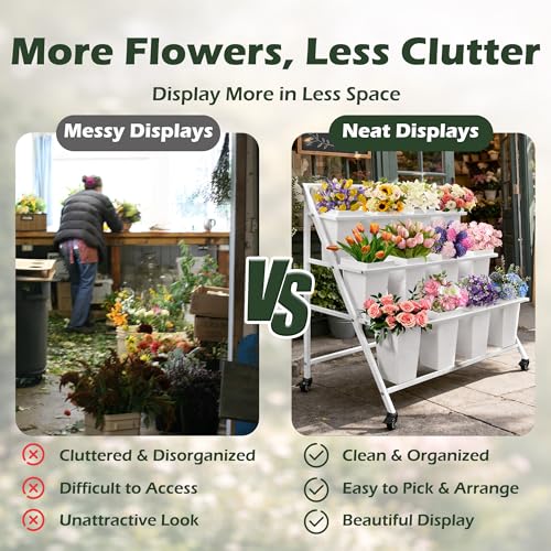 PROLEE Flower Display Stand with 12 Buckets, Flower Cart 3 Layers, Flower Stand Metal with Wheels, Moving Florist Bouquet Shelf, Triangular Rack, White - color: White