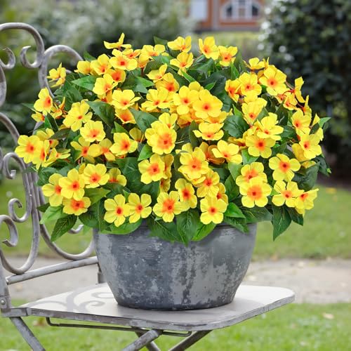 6 Pcs Artificial Flowers for Outdoors Fake Silk Periwinkle Flowers Faux Plants UV Resistant Bouquet Decorations for Planters Spring Summer Garden Porch Patio Window Box Balcony Home, Yellow - color: Yellow