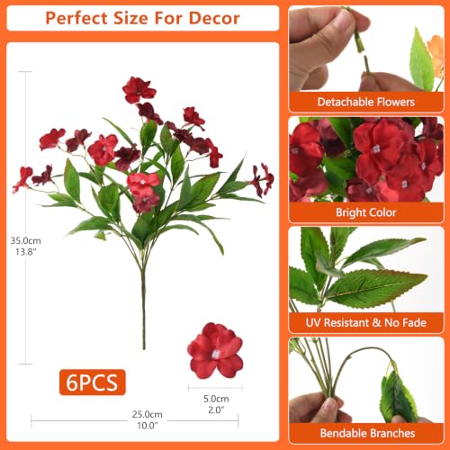Hommyea Artificial Fake Flowers for Outdoor, 6 Bundles UV Resistant Faux Plants Decoration Silk Flowers No Fade Plastic Flowers for Outside Planters Home Porch Patio Yard Garden Decor(Purple) - color: Red,brown