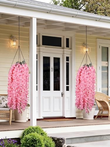2PCS Pink Wisteria Hanging Flowers, 2.95ft Wisteria Garland with 5 Branches Realistic Silk Hanging Flowers for Decoration, Wedding Arch, Party Backdrop, and Home Wall Decor - color: Pink