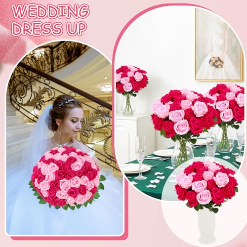 90 Pcs Hot Pink, Pink Velvet Rose Artificial Flowers with Long Stems, Fake Silk Roses Real Touch Fake Roses Florals for Birthday Wedding Bouquet Party Arrangement Decorations - color: Hot Pink, Pink
