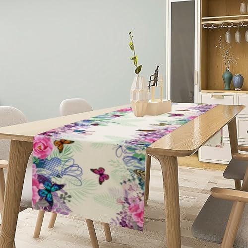 Butterfly Table Runner,Wildflowers Floral Butterflies Spring Seasonal Decor Table Runner for Home Indoor Outdoor Kitchen Holiday Party Wedding Decor 13x36 Inch - color: Butterfly-6, size: 13x36in