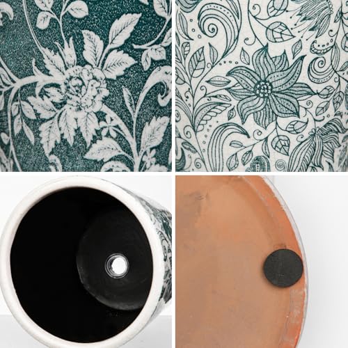 Set of 2 Ceramic Blue and White Plant Pots with Drainage Hole and Saucers, Vintage Farmhouse Accent Planters for Indoor Plants, Round Flower Pots Rustic Succulent Pot Terracotta Tubs 5.7/4.7 Inch - color: Teal Green