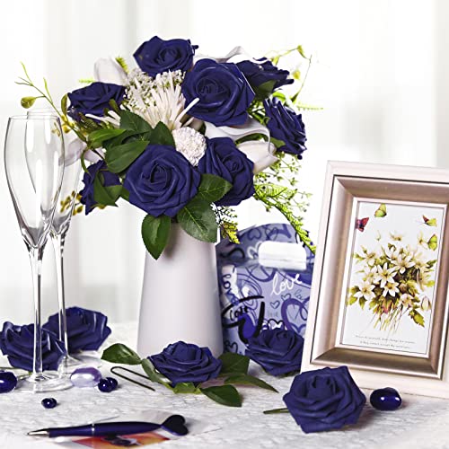 50 Pcs Artificial Foam Rose Flower Faux Bouquet Wedding Fake Rose Gift for Mother's Day Women DIY Bridal Shower Party Table Birthday Home Spring Decor (Navy Blue) - color: Navy Blue