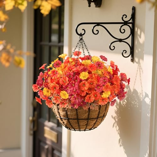INXUGAO Fake Fall Flowers Artificial for Decoration, 12 Bundles Faux Plants Silk Orange Flowers Morning Glory Petunias Realistic UV Resistant for Outdoors Planter Porch Patio Window Box, Orange Yellow - color: Orange Yellow Red