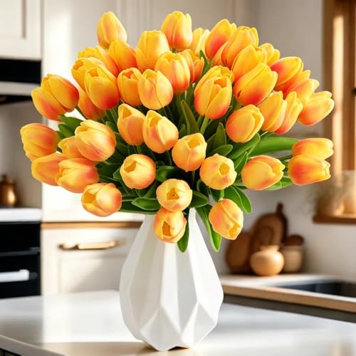 PU Real Touch Tulips Artificial Flowers 30 Pcs Fake Flowers Arrangement Bouquet for Home Office Wedding Decoration (Orange) - color: Orange 30pcs