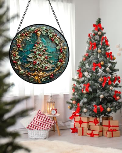 DASTOLL Stained Glass Window Hangings - Red Gold Green Wreath Suncatcher for Door Home Christmas Tree Decoration Sun Catcher Thanksgiving New Year Birthday Gift for Women Men Mom Grandma 6.3 in - color: Cyan, size: 6.3x6.3 IN