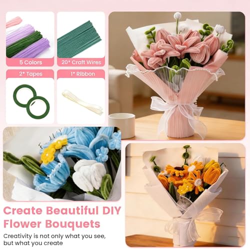 Pipe Cleaners Craft, 500 PCS Pipe Cleaner Flower Kit with 5 Colors Chenille Stems, Floral Wires, Ribbon, Gardening Tape & Stamen for DIY Bouquets, Arts and Crafts Supplies - color: Multicolor-A