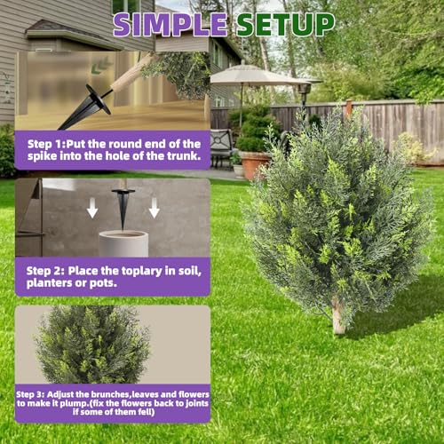 Artificial Cedar Topiary Ball Trees, Set of 2 Fake Shrub Bushes with Ground Spike, UV Resistant Artificial Cypress Trees, Evergreen Shrubs Bushes Faux Plants for Front Porch Garden Backyard - color: Cedar, size: with Ground Spike