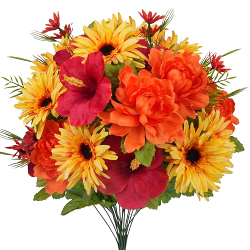 Cemetery Flowers for Grave Artificial Flowers for Cemetery 2 Bundles Faux Sunflowers Bouquet Orange Silk Floral Arrangements for Headstones Gravesite Vase Outdoor Porch Table Centerpieces Decor