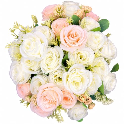 4 Bundles Peony Artificial Flowers, White Peonies with Stems for Home Wedding Party DIY Decor