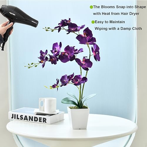 Faux Orchid in Vase Artificial Orchid in Ceramic Vase Tall Silk Orchids with Stems Real Look Phalaenopsis Flowers Arrangement Centerpiece Table Decorations for Home Decor Indoor, Dark Purple - color: Y-dark Purple