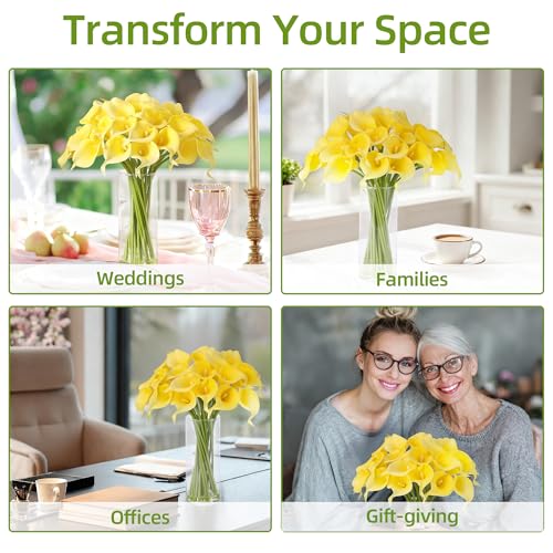 GarveeTech Real Touch Calla Lily Artificial Flowers, 24 Pcs with Glass Vase & Faux Water, 15" Long Stem for Wedding Centerpiece, Bridal Bouquet, Home and Party Decor (Yellow) - color: Yellow, size: Calla Lily（24 Pcs）