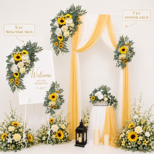 AitnWoy Artificial Wedding Arch Flowers Kit 2 PCS Dust Rose Flowers Silk Peony Floral Swag Welcome Sign for Wedding Ceremony Party Home Garland Decor - color: Sunflower Yellow, size: 28" + 11"