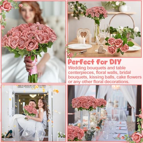 36 Pcs Velvet Silk Dusty Pink Rose Bouquet Bridal Artificial Flowers,Fake Rose Long Stem Realistic Flowers Bulk for Wedding Bouquet Ball Arrangement Centerpiece Party Decor - color: Dusty Pink