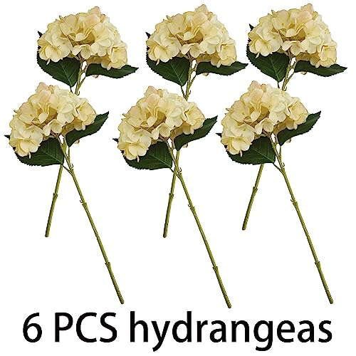 Hydrangea Artificial Flowers,6 Pcs Faux Hydrangea Flowers,Artificial Hydrangeas Flowers with Stems,Fake Hydrangeas,Silk Hydrangeas Flowers with Stems for Home Decor (6, Champagne) - color: Champagne
