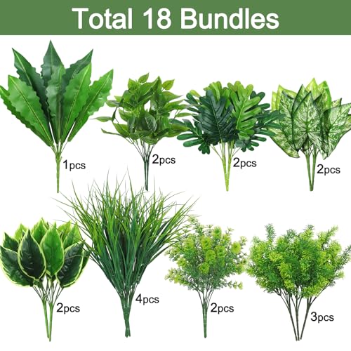 Dremisland 18 Bundles Artificial Plants Outdoor UV Resistant Fake Plants Faux Greenery Stems Fake Shrubs Plants for Patio Garden Window Box Indoor Outside Home Decor - color: Green