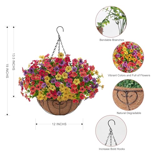 Artificial Faux Hanging Flowers Plants Basket for Outdoors Outside Spring Summer Decoration,Hanging Planters with Silk Fake Flowers Realistic UV Resistant Balcony Porch Garden Patio Home(4 Multicolor) - color: 4 Mix(red+yellow+purple+orange)