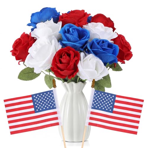 Tigeen 14 Pcs 4th of July Decor Red White Blue Artificial Flower Patriotic Decoration Artificial Rose with 2 Flag 250th Anniversary Table Centerpieces for Memorial Veterans Independence Day Home Decor - style: Roses
