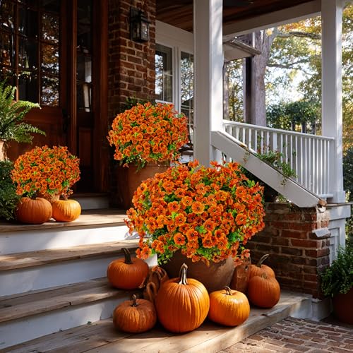 AXYLEX Artificial Fall Flowers Outdoor Fake Mums - 16 Bundles Fake Plants UV Resistant No Fade Faux Plastic Greenery Garden Porch Patio Fall Home Decor (Red Orange16) - color: Red Orange16