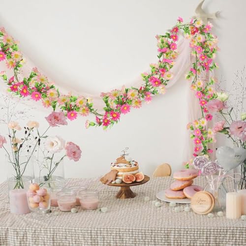 2 Pack Pink Flower Garland Daisy Flowers Silk Artificial Wildflower 13ft Wedding Floral Summer Garland Fake Hanging Vines for Party Decoration Wall Backdrop Table Runner Indoor Decor - color: Pink, size: 2pcs