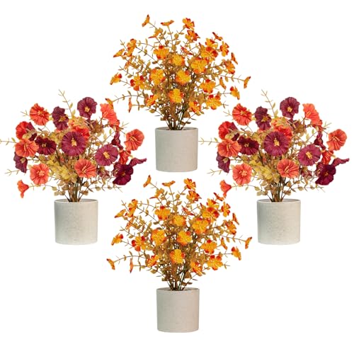 4 Pack Artificial Fall Flowers, Fake Small Plants Autumn Potted Flowers for Fall Table Centerpieces Thanksgiving Home Tabletop Office Bathroom Farmhouse Decor (Orange Red) - color: Orange Red, size: 4 Pcs