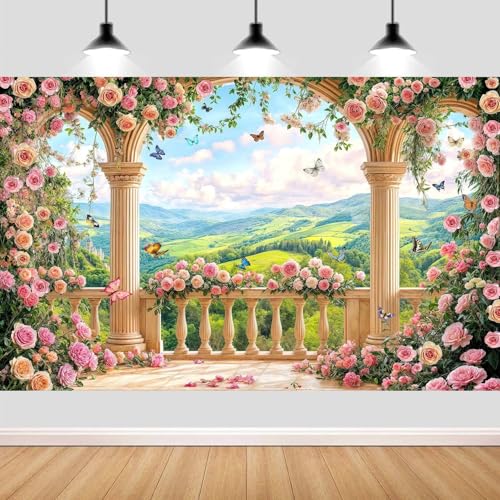 5X3ft Pink Floral Backdrop Garden Balcony Arch Retro Flowers Photography Background Wedding Birthday Party Decorations Baby Bridal Shower Portrait Photo Studio Props Wall Decor Banner - color: Multi4, size: 5X3FT