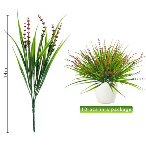 10 Pcs Artificial Plants Outdoor, UV Resistant Fake Outdoor Flowers Plants Faux Plastic Monkey Grass for Outside Front Porch Garden Window Box Home Office Planters Desk Decor (Red) - color: Red, size: 10pcs
