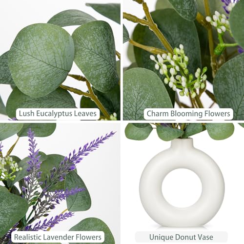 Artificial Eucalyptus Stems in Ceramic Vase 14.23" Fake Eucalyptus Plant Decor White Donut Vase with Greenery Centerpiece Table Decorations Small Faux Green Plant for Home Farmhouse Wedding Table - color: Whie