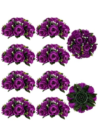 BLOSMON Flower Balls Wedding Rose Centerpieces 10 Pcs Purple Fake Flowers with Base Kissing Balls Decor Artificial Floral Arrangements Flower Bouquet of Roses Home Party Table DIY Decorations - color: Purple