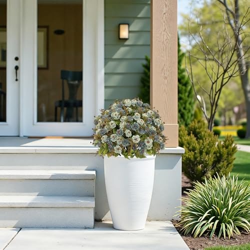 24” Artificial Flowers for Outdoors, Set of 2 Realistic Faux Blue Mums in Cement Pots, UV Resistant Fake Plants Look Real for Front Porch, Entryway & Indoor Spring Decor - color: Chrysanthemum Dusty Blue
