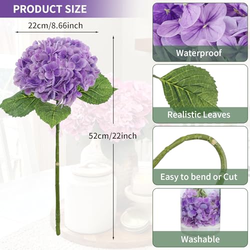 LFF 3Pcs Purple Hydrangea Artificial Flowers, 8.66" Large Real-Touch Latex Blooms with 22" Long Stems, Faux Hydrangea for Outdoor Planter Indoor Home Table Centerpieces Wedding Decor Bouquets - color: Purple