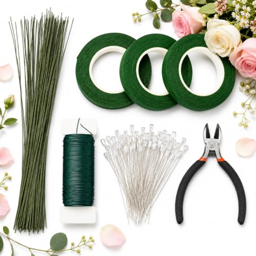 RAINFLOW Mother's Day Floral Arrangement Kit - Floral Tape & Floral Wire Set with Boutonniere Pins & Cutter, Includes 22 Gauge & 26 Gauge Wire for Bouquet & Wreath Making