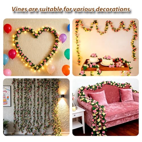 Miracliy 8Pcs 66FT Flower Garland, Orange and Champagne Artificial Rose Floral Vines Fake Hanging Spring Flower Garland for Wall Backdrop Wedding Arch Tea Party Door Mantle Decoration - color: Yellow-8pcs