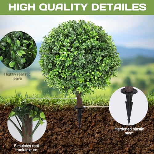 Artificial Boxwood Topiary Ball Tree 24" with Ground Spike, Set of 2 Artificial Boxwood Bushes for Faux Shrubs, Fake Evergreen Faux Plant for Indoor Outdoor Porch Garden- UV Resistant – Fade-Proof - color: Boxwood