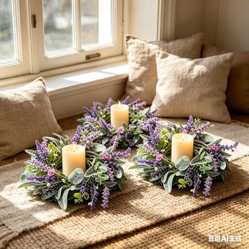 8 pcs Mini Lavender Candle Rings Wreaths Purple Daisy Pillar Holder Wreath Artificial Wild Flower Spring Summer Floral Wreath for Farmhouse Porch Cabinets Table Decoration - color: Lavender