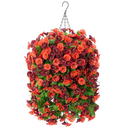 INXUGAO Artificial Flowers with Hanging Basket, Outdoor Faux Plants Silk Morning Glory Vines, Fake Green Arrangement for Garden Patio Spring Summer Decor(4pcs,Orange Brown) - color: Orange Brown