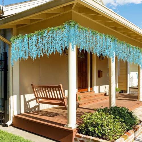 ARTKAIKE Artificial Flowers Garland for Home Decor, Fake Wisteria Vine Silk Hanging Plant Flower for Room Bathroom Wall Kitchen Bedroom Garden Outdoor Wedding Decor (4, Blue) - color: Blue