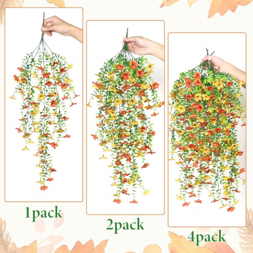 Betylifoy 4PCS Artificial Hanging Flowers Fake Hanging Plants for Outdoors Decor UV Resistant Faux Silk Orchid Flowers Greenery Long Trailing Vines for Indoor Outside Garden Decor (Orange&Yellow) - color: Orange&yellow
