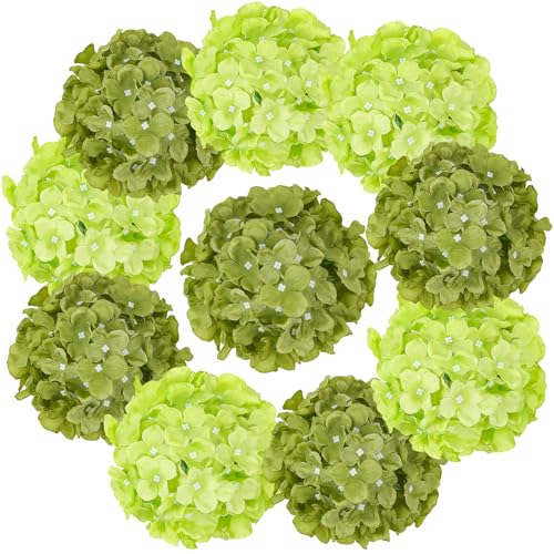 Auihiay 10Pcs Artificial Hydrangea Flowers Bulk, Realistic Faux Silk Hydrangea with Stems, Fake Flowers for Spring Garden Kitchen Counter Office Table Decor Centerpieces(Mixed Green) - color: Green