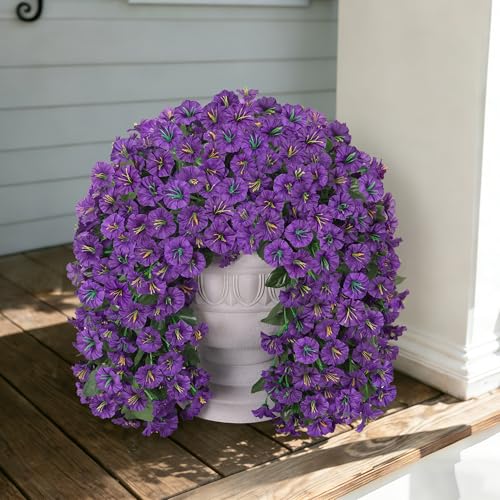 Fake Flowers for Outdoor Decoration, 2 Pcs Spring Silk Purple Morning Glory, Artificial Trailing Vines UV Resistant Realistic for Porch Patio Balcony Planter - color: Purple