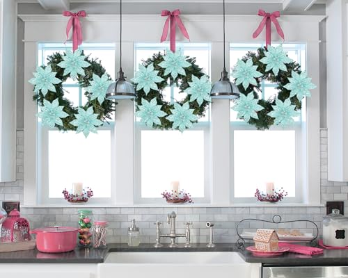 Briful 3PCS Poinsettias Artificial Christmas Flowers 22.4in Long Stem Teal Blue Glitter Mesh Poinsettia Fake Christmas Tree Flower for Xmas Home Wreath Garland Floral Arrangement Holiday Decor - color: Teal Blue