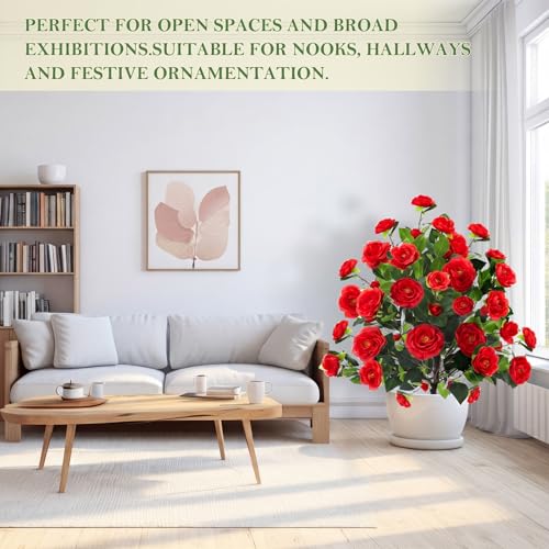 Lunmon 2 Pack 4ft Artificial Camellia Plants Tree Without Vase 48" Faux Camellia Flower with Spike UV Resistant Realistic Fake Floral Blooming Bush for Outdoor Front Door Porch Backyard Garden, Red - color: Red, size: 4 ft