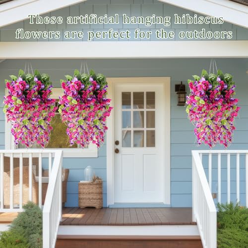 XunYee 8 Pcs Artificial Hibiscus Flowers for Outdoors Spring Summer Decor Fake Hanging Flowers Plants Uv-Resistant Faux Hibiscus Flower for Outside Porch Patio Front Door (Rose Red Purple) - color: Rose Red Purple