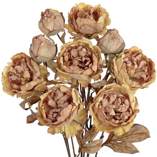 Briful Artificial Dried Look Fall Peony Flowers 3PCS 27.5in Tall Antique Gold Vintage Silk Peony Bouquet Realistic Fake Peonies Floral Stems for Autumn Home Wedding Vase Centerpiece Arrangement Decor - color: Antique Gold