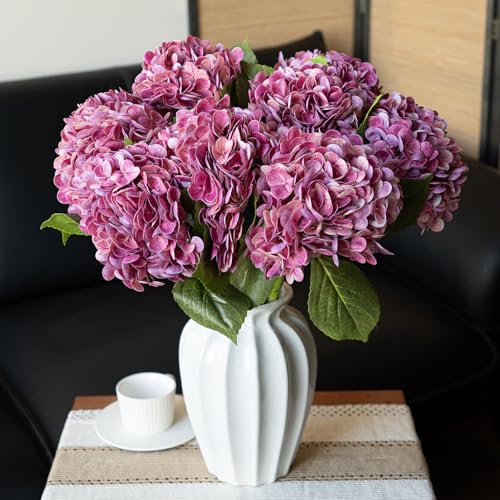 DUYONE 22" Real Soft Touch Hydrangea Artificial Flowers Realistic,Large Long Stem Fake Flowers Full Latex Faux,Wedding Bouquet,Party Home Decor,Garden Office Room Table Centerpieces Magenta 3Pcs - color: Magenta, size: 3Pcs