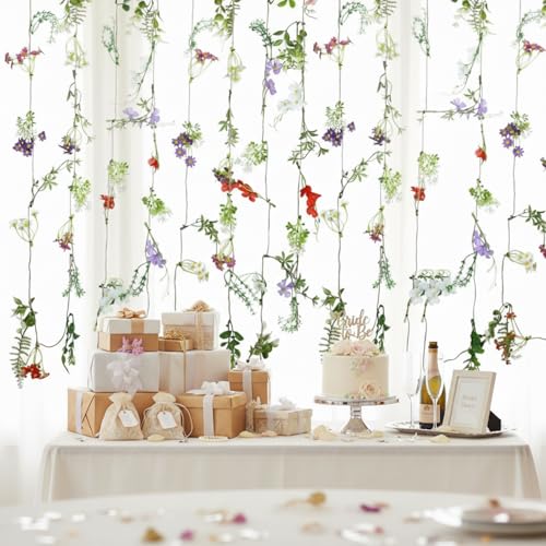 Yunlly 4 Pcs 24 ft Wildflower Garland Pre Strung Artificial Hanging Flower Vine Backdrop Floating Faux Silk Floral Ceiling Garland Garden Party Decor for Wedding Bridal Wall Arch Birthday Baby Shower