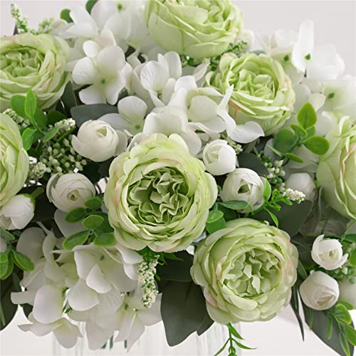 4 Bunches Green Peony Artificial Flowers for Decoration Faux Rose Fake Bouquet Silk Arrangements Table Centerpiece for Vase Cake Topper Bridal Baby Shower - color: Green & White