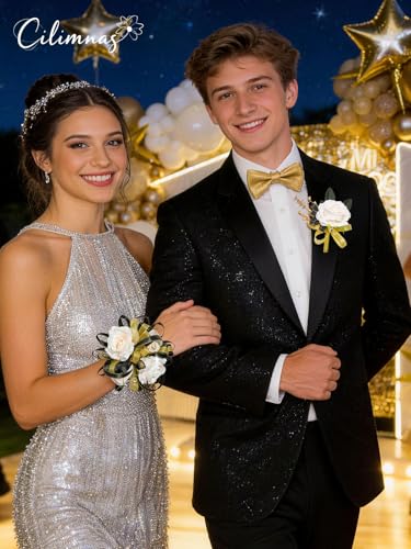 Prom Corsage and Boutonniere Set Champagne,Artificial Silk Rose Wrist Corsage for Homecoming, Formal Dance Party, Wedding,Graduation,Anniversary - color: Champagne